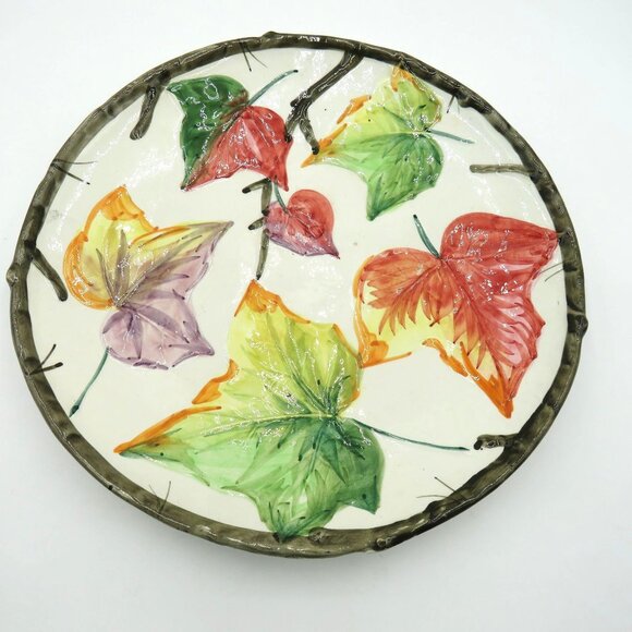 Leaf Plate Handpainted 11.5" Colorful Autumn Leaves Twig Border Made in Italy - Picture 1 of 9
